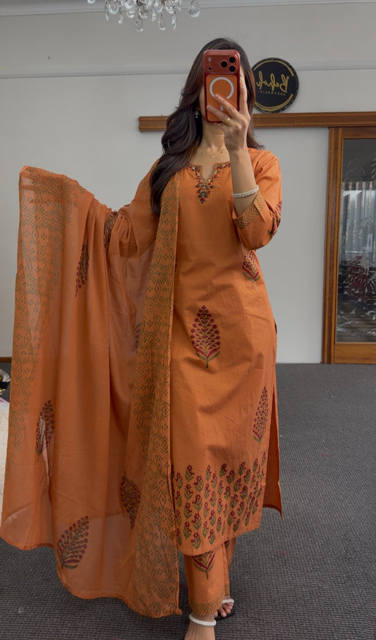 Rust orange kurti set with floral block print design, matching printed dupatta and straight-leg trousers — Behuli Australia