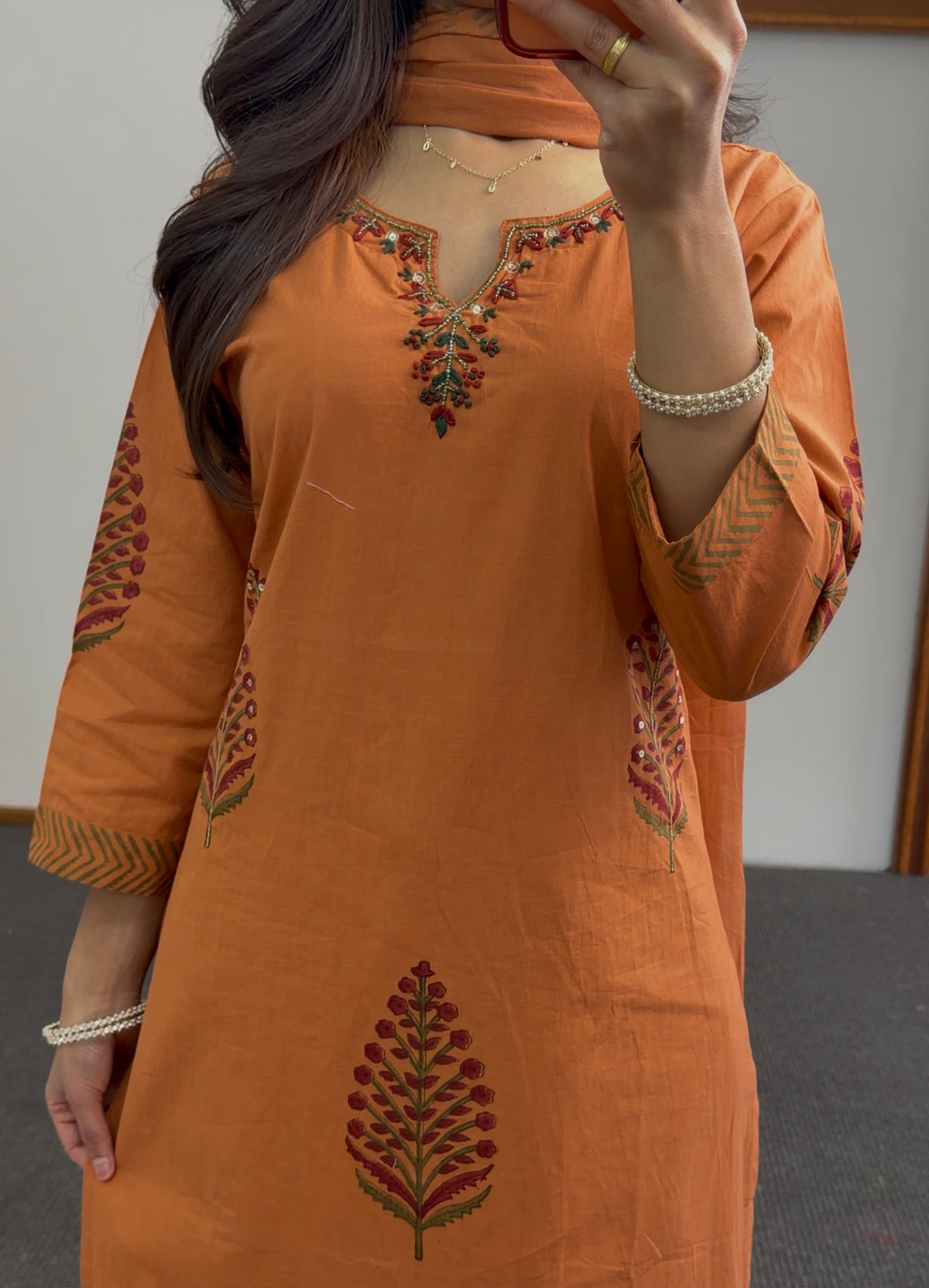 Rust orange kurti set with floral block print design, matching printed dupatta and straight-leg trousers — Behuli Australia — view 2