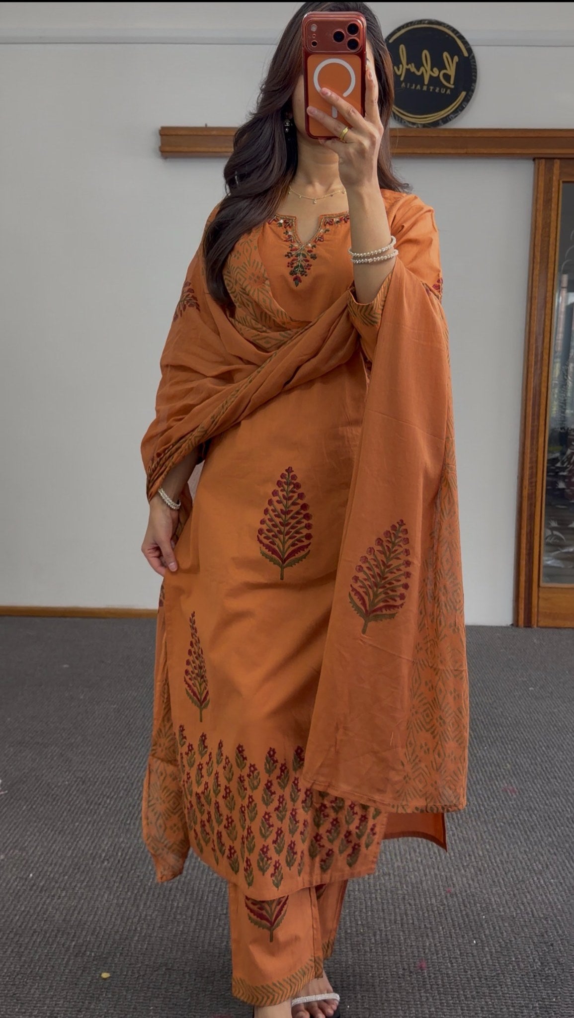 Rust orange kurti set with floral block print design, matching printed dupatta and straight-leg trousers — Behuli Australia — view 3