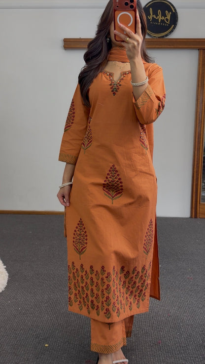 Rust orange kurti set with floral block print design, matching printed dupatta and straight-leg trousers — Behuli Australia — view 4
