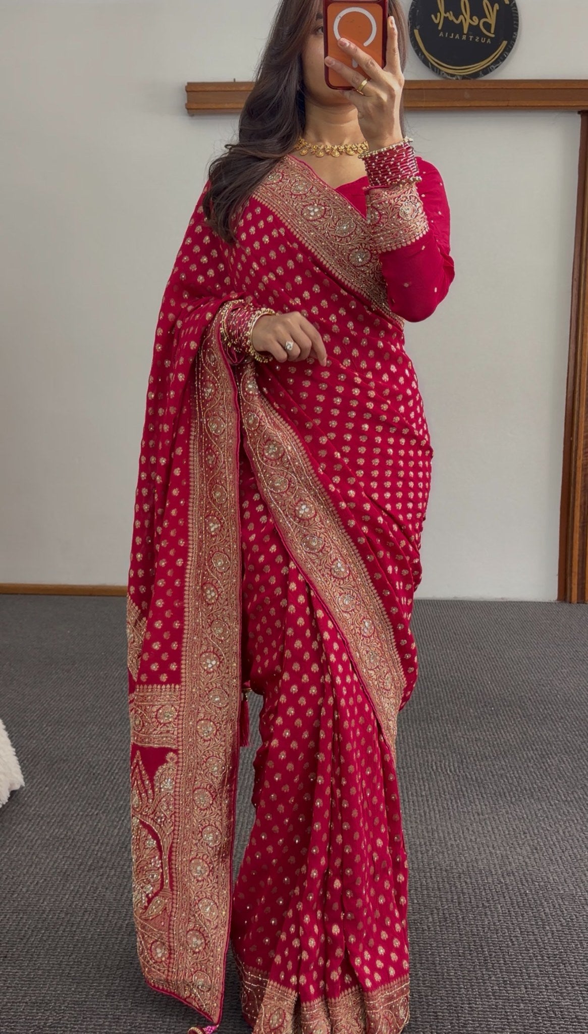 Rani pink khaddi georgette saree with gold zari butis and embellished border draped with matching blouse — view 4