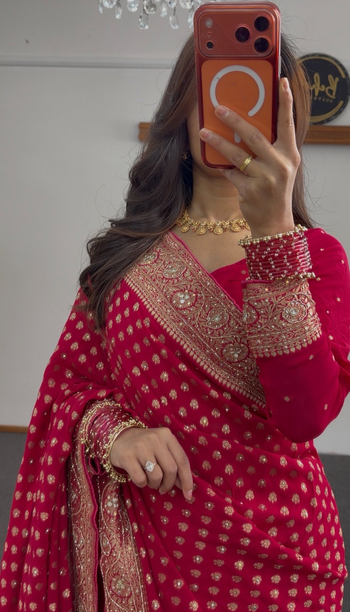 Rani pink khaddi georgette saree with gold zari butis and embellished border draped with matching blouse — view 5