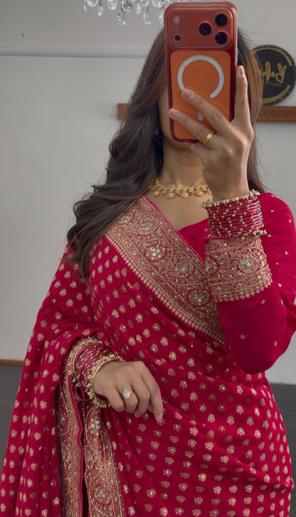 Rani pink khaddi georgette saree with gold zari butis and embellished border draped with matching blouse — view 5