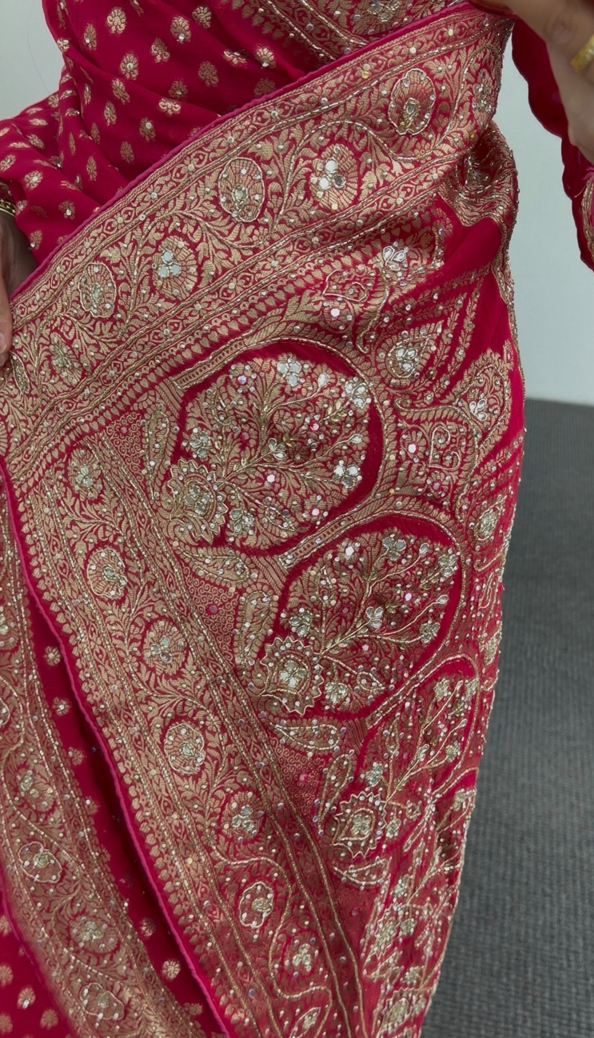 Rani pink khaddi georgette saree with gold zari butis and embellished border draped with matching blouse — view 6