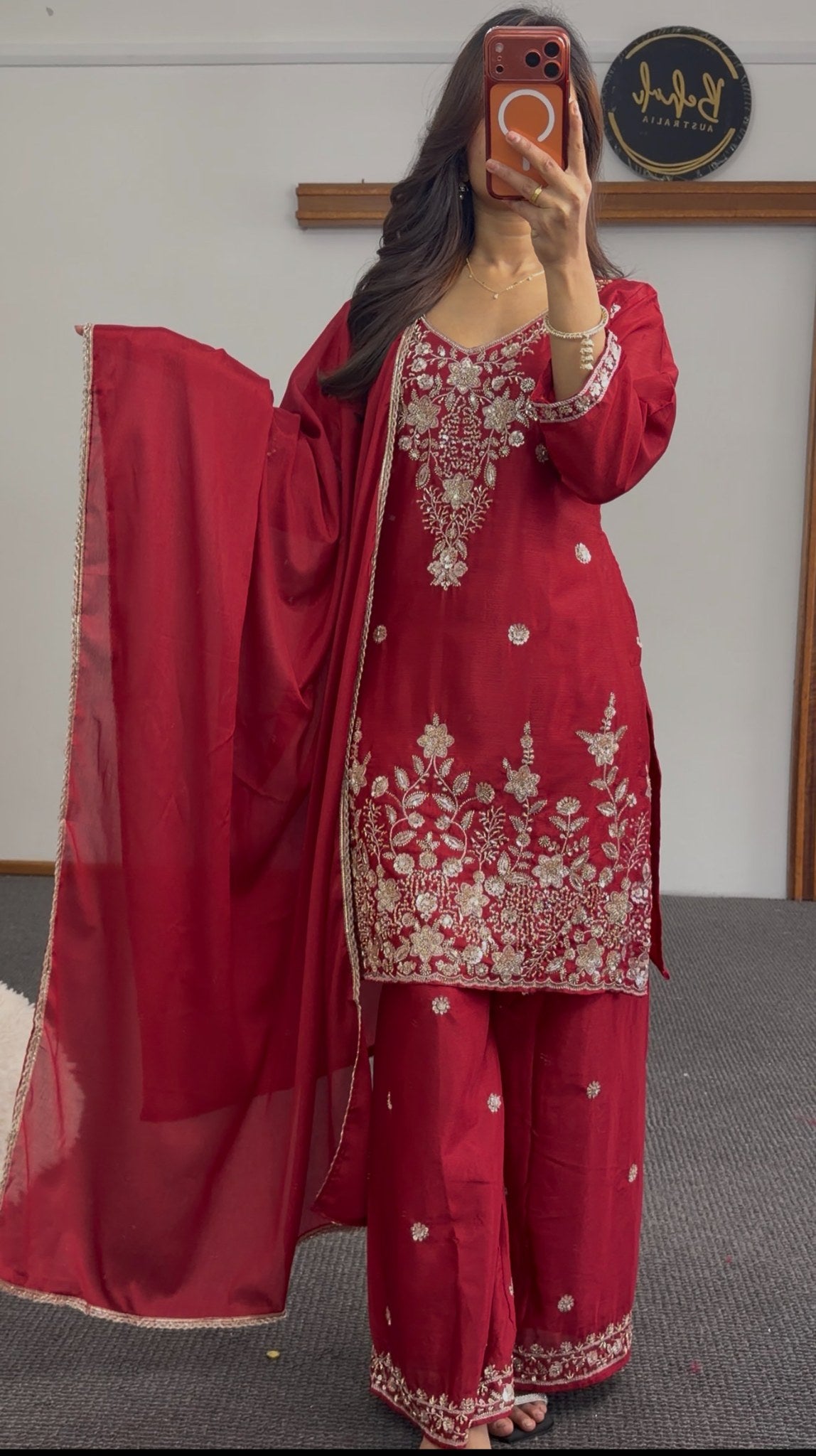 Red embroidered kurti set with floral sequin detailing, sharara pants, and matching sheer dupatta — Behuli Australia