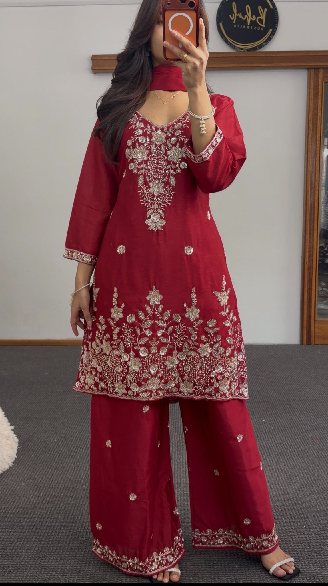 Red embroidered kurti set with floral sequin detailing, sharara pants, and matching sheer dupatta — Behuli Australia — view 2