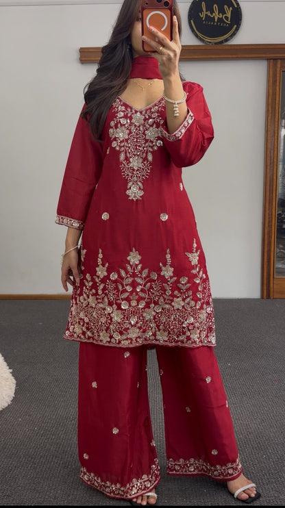 Red embroidered kurti set with floral sequin detailing, sharara pants, and matching sheer dupatta — Behuli Australia — view 2