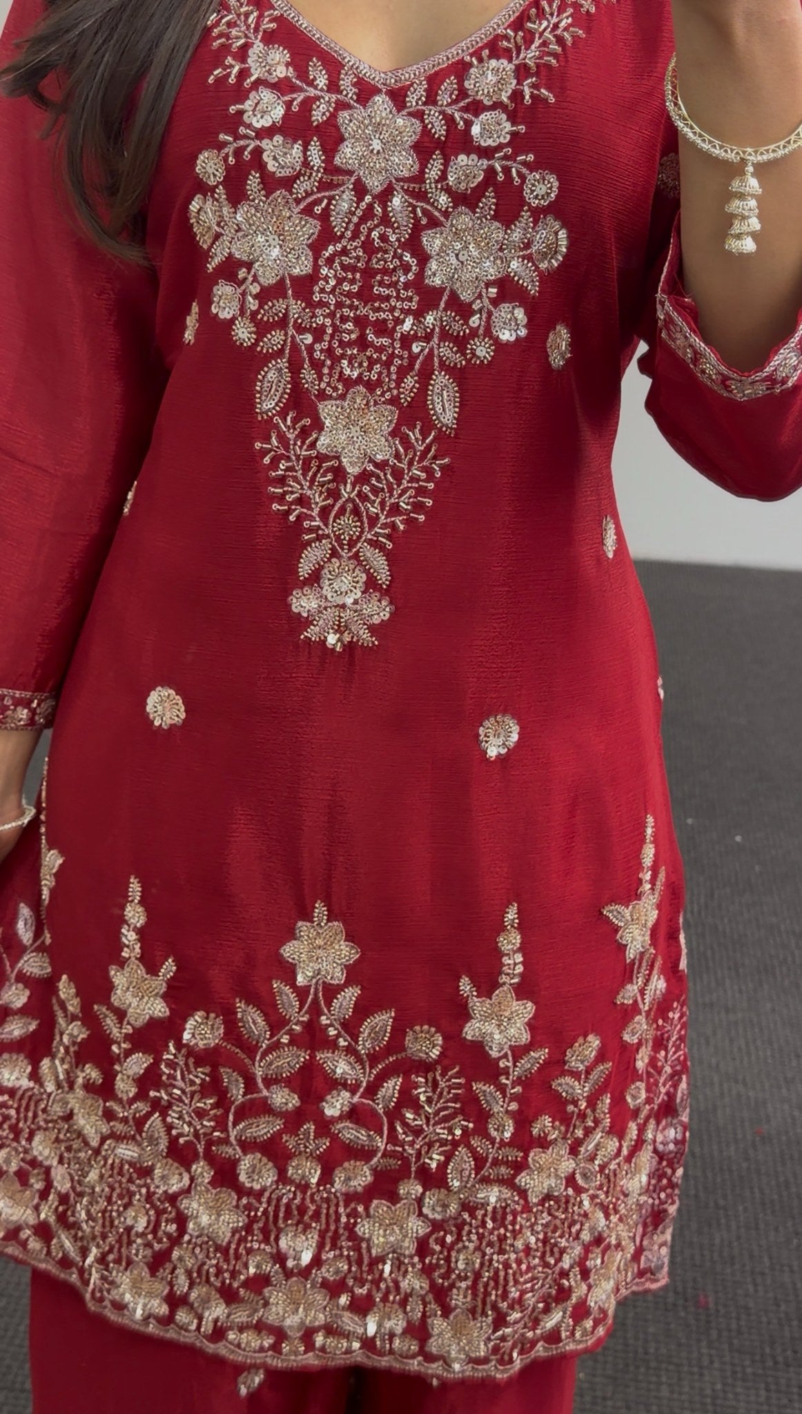 Red embroidered kurti set with floral sequin detailing, sharara pants, and matching sheer dupatta — Behuli Australia — view 3