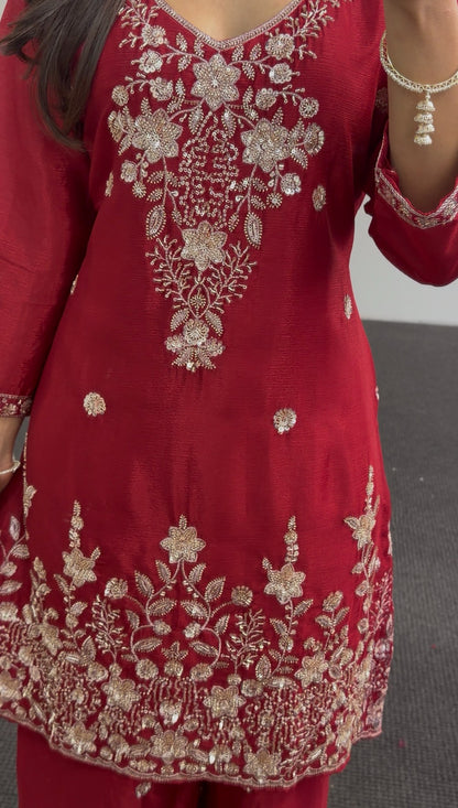 Red embroidered kurti set with floral sequin detailing, sharara pants, and matching sheer dupatta — Behuli Australia — view 3