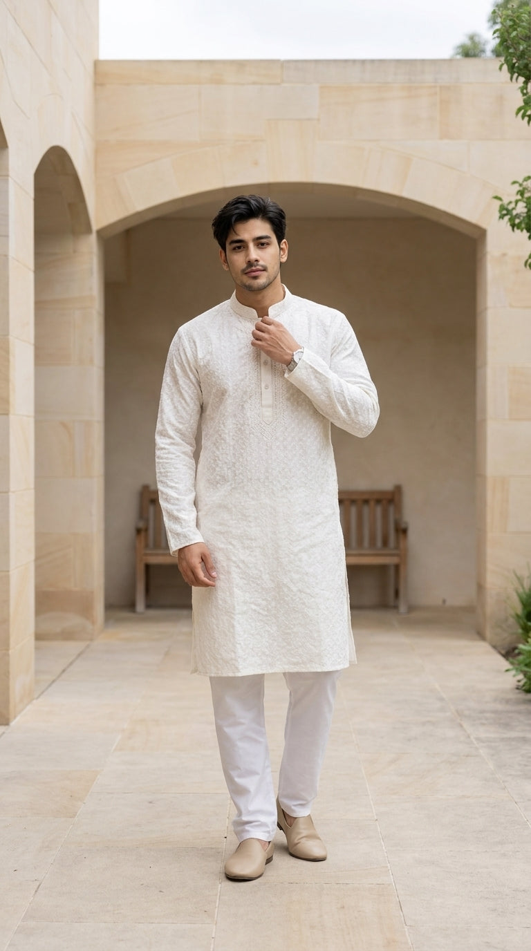 Ivory men's kurti with chikankari-style white embroidery, mandarin collar, and full sleeves — Behuli Australia