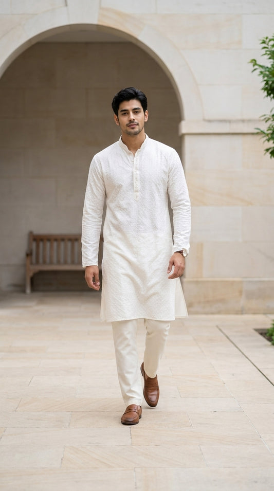 Ivory men's kurti with chikankari-style white embroidery, mandarin collar, and full sleeves — Behuli Australia — view 2