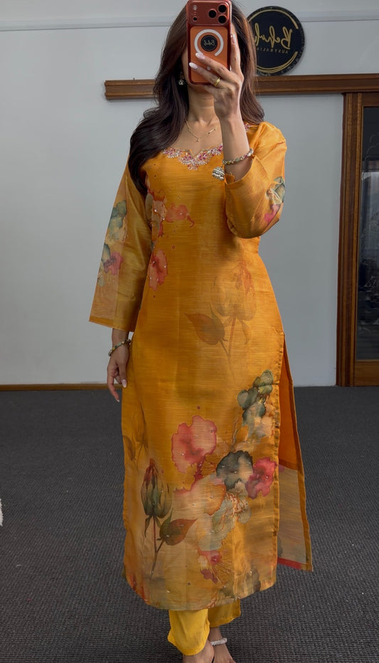 Mustard floral print kurti set with embellished neckline and matching watercolour floral dupatta — Behuli Australia — view 2
