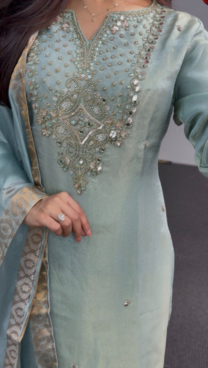 Sage green kurti set with embellished neckline, gold-bordered floral dupatta and matching palazzo pants — view 3