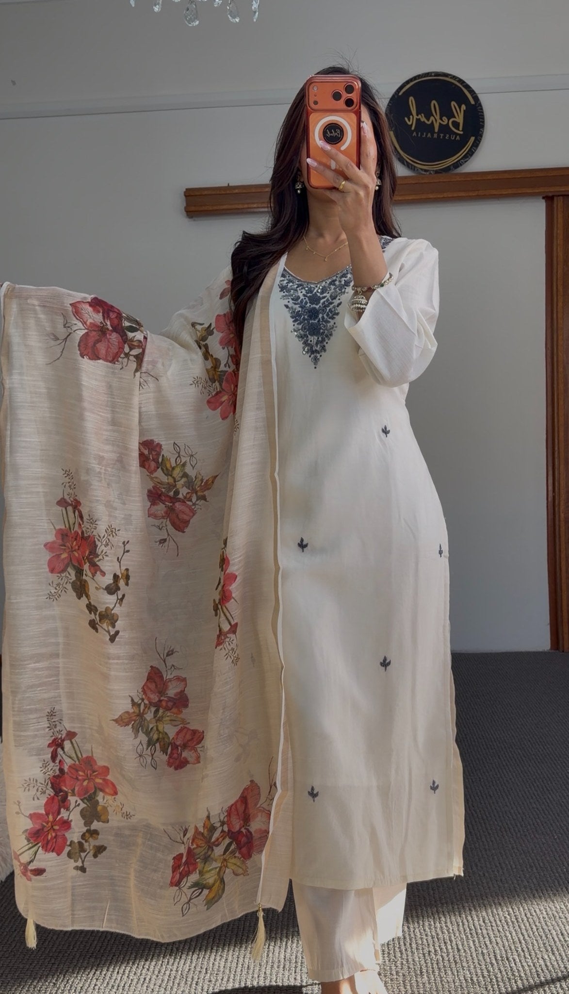 Ivory kurti set with blue floral neckline embroidery, scattered leaf motifs and red floral printed dupatta — Behuli Australia