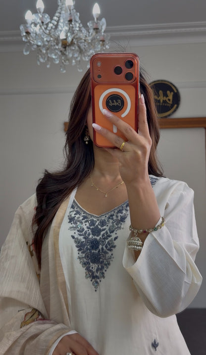 Ivory kurti set with blue floral neckline embroidery, scattered leaf motifs and red floral printed dupatta — Behuli Australia — view 2