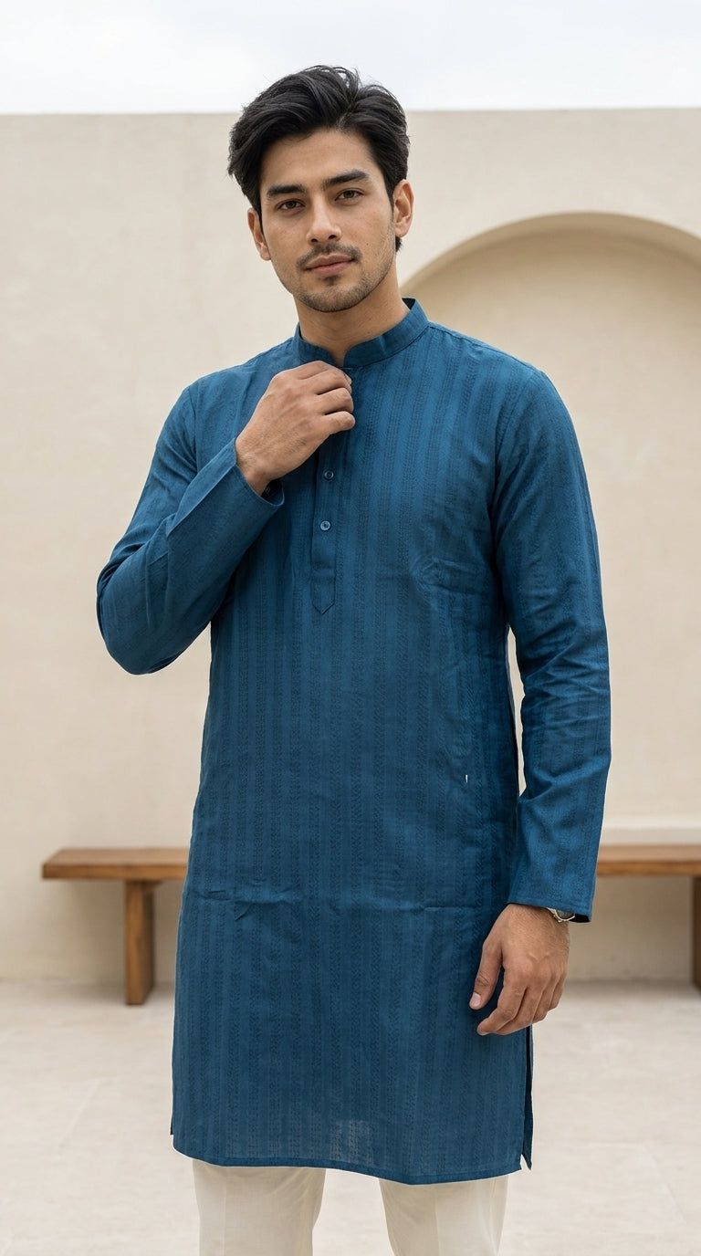 Teal self-striped men's kurti with mandarin collar and front button placket, styled with cream trousers