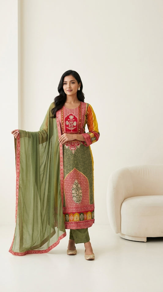 Olive green and crimson printed kurti set with contrast yoke panel, mustard sleeve detail and matching olive dupatta —