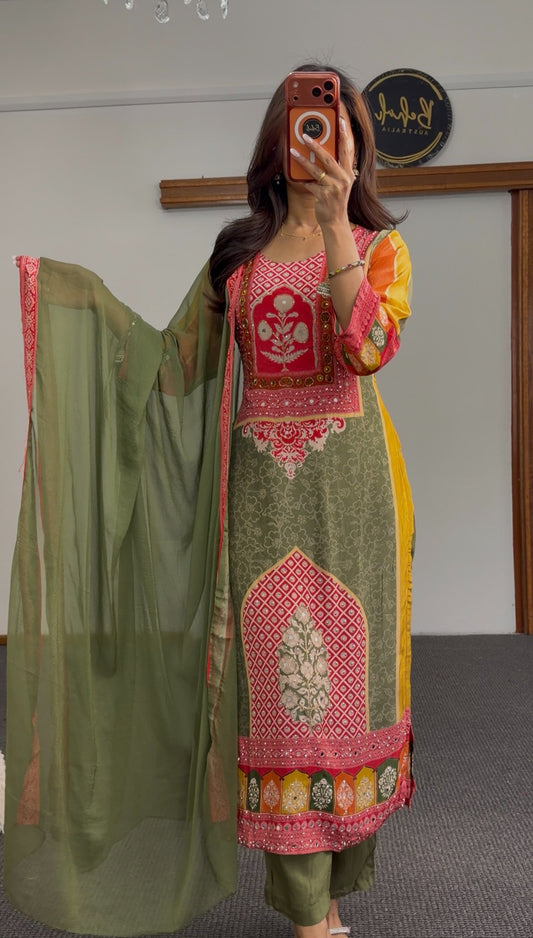 Olive green and crimson printed kurti set with contrast yoke panel, mustard sleeve detail and matching olive dupatta — — view 2