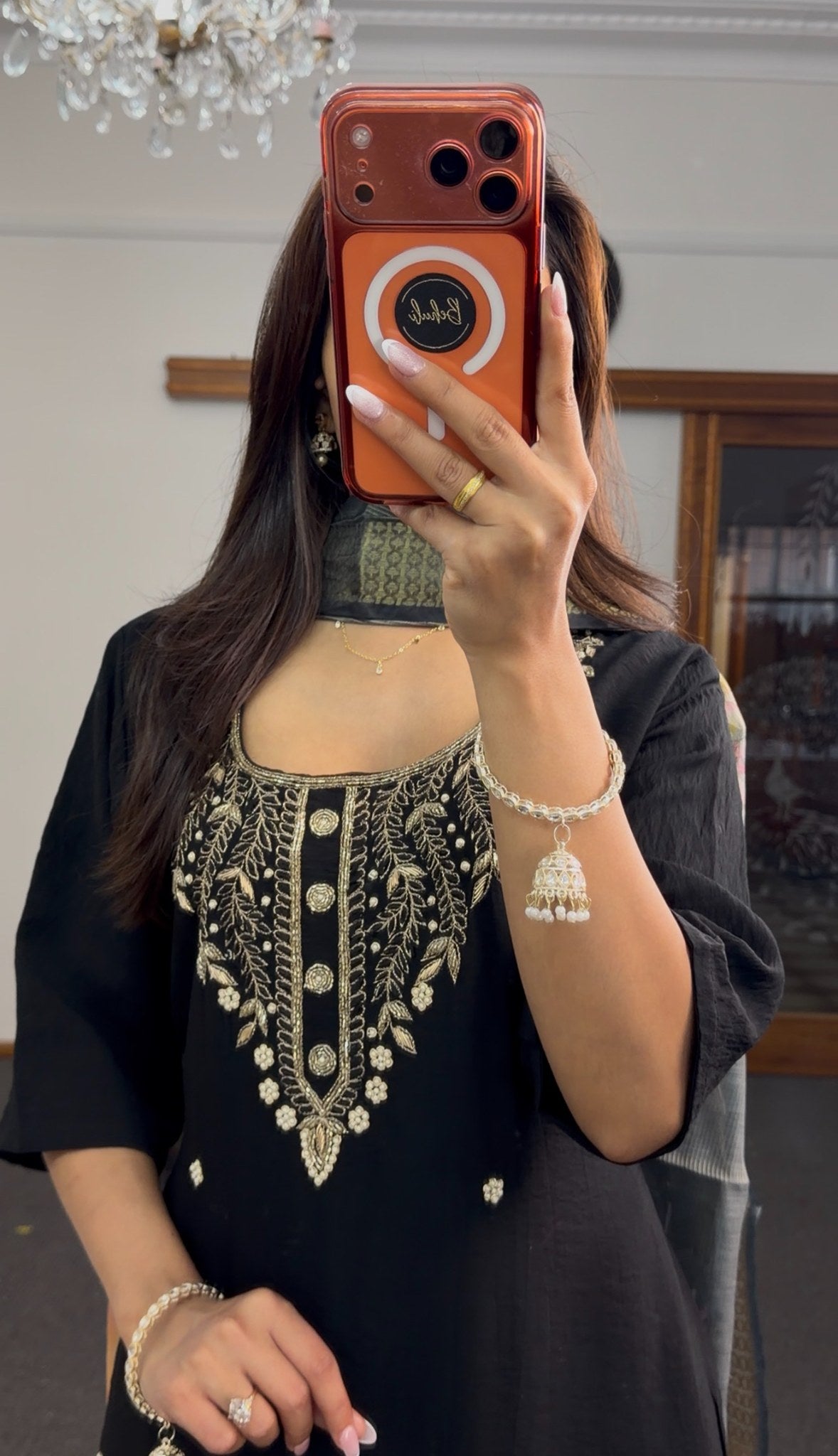 Black kurti set with gold-toned embroidered neckline and multicolour floral printed dupatta — Behuli Australia — view 4