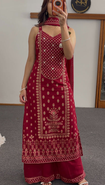 Maroon palazzo suit set with gold foil floral print, mirror embellished yoke, and matching dupatta — Behuli Australia