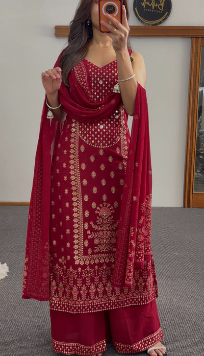 Maroon palazzo suit set with gold foil floral print, mirror embellished yoke, and matching dupatta — Behuli Australia — view 2