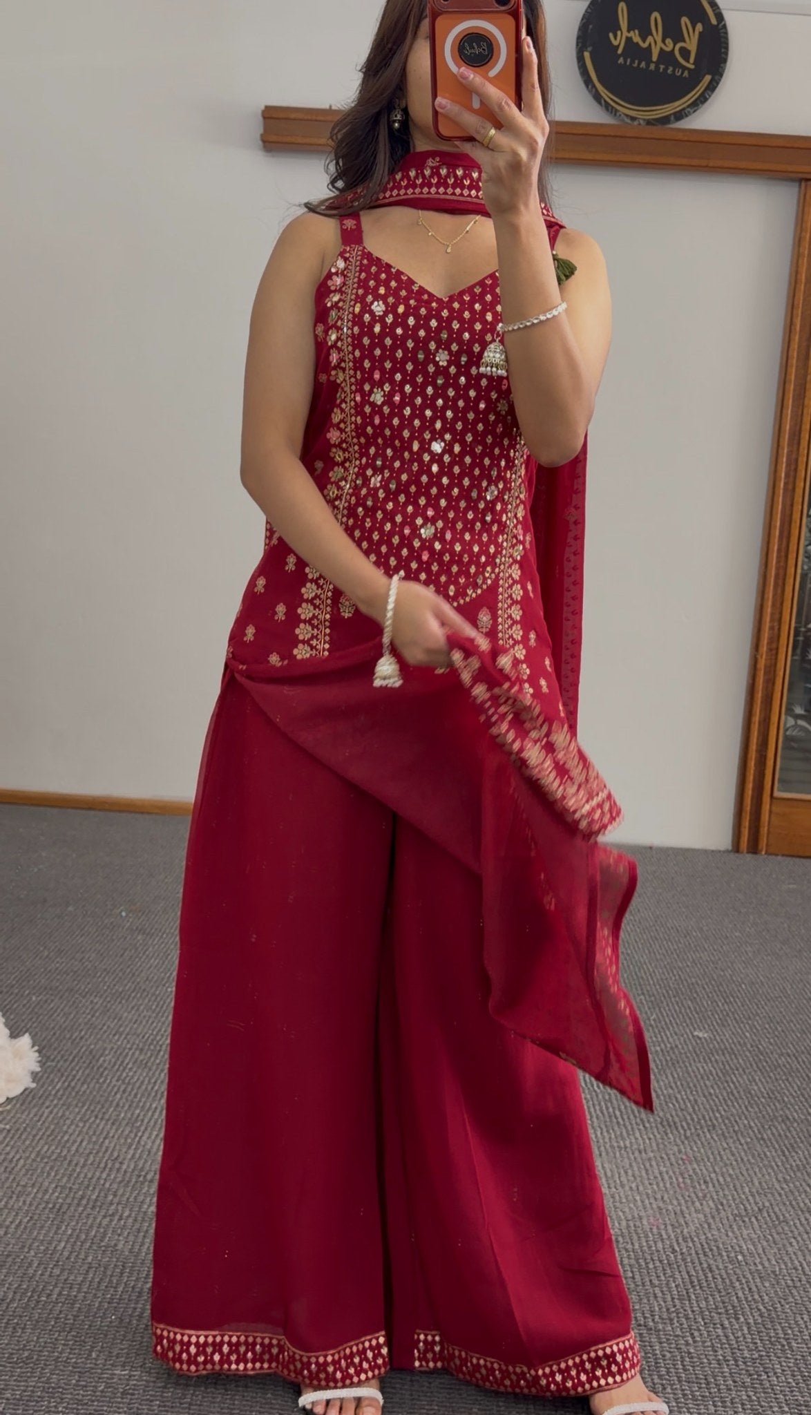 Maroon palazzo suit set with gold foil floral print, mirror embellished yoke, and matching dupatta — Behuli Australia — view 3