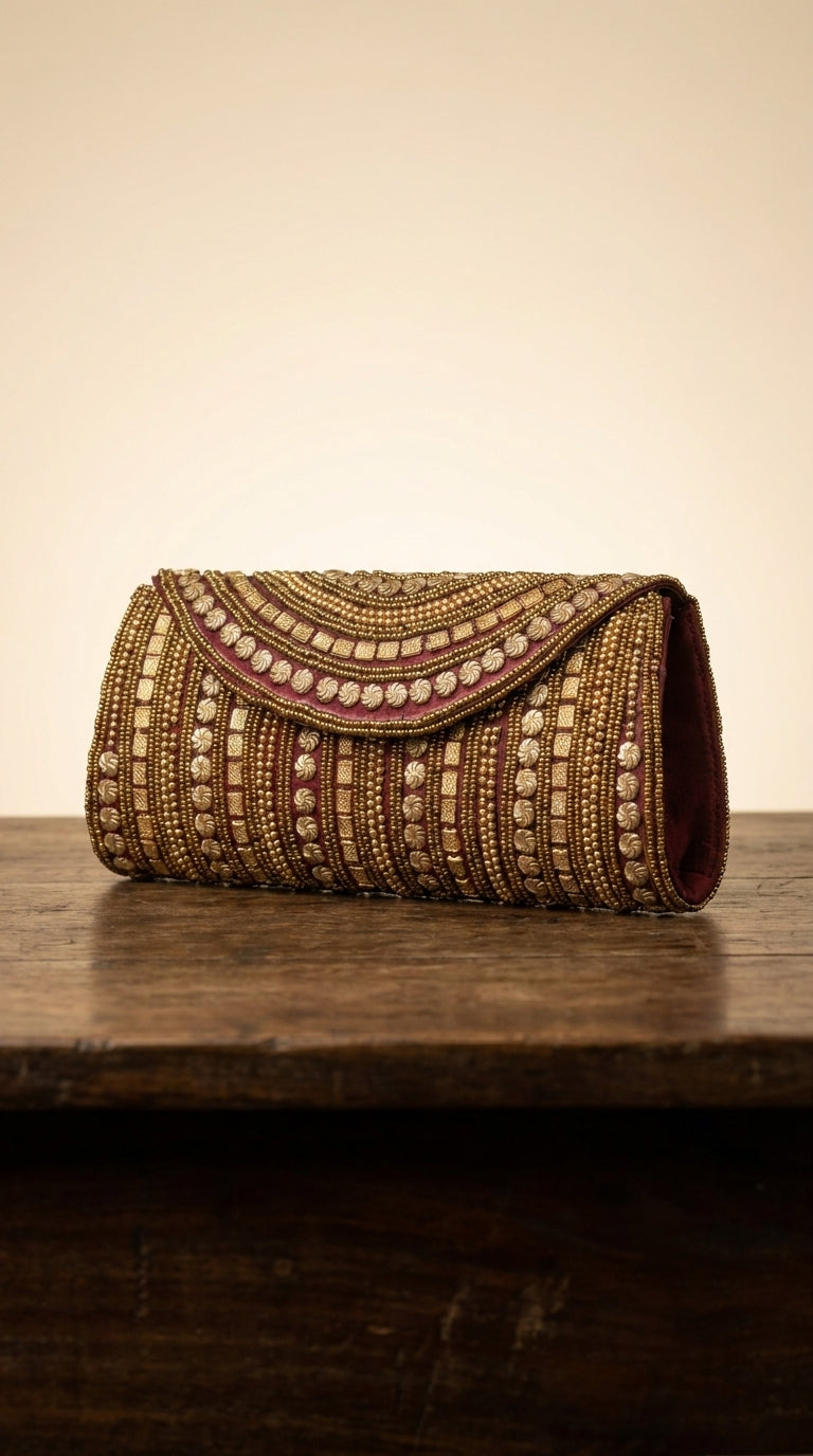 Maroon embroidered clutch bag with gold beadwork and stone work detailing in arched pattern design