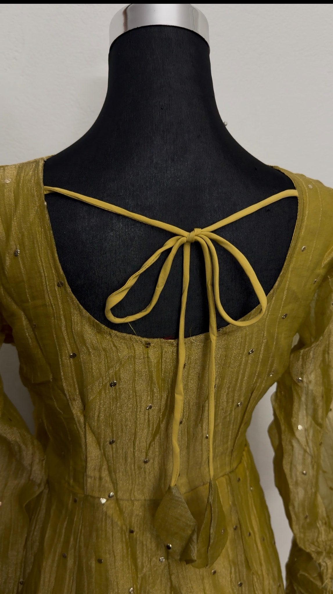 Mustard yellow Anarkali dress with silver sequin embellishment and matching pearl-trimmed dupatta by Behuli Australia — view 2