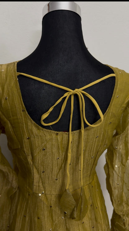 Mustard yellow Anarkali dress with silver sequin embellishment and matching pearl-trimmed dupatta by Behuli Australia — view 2