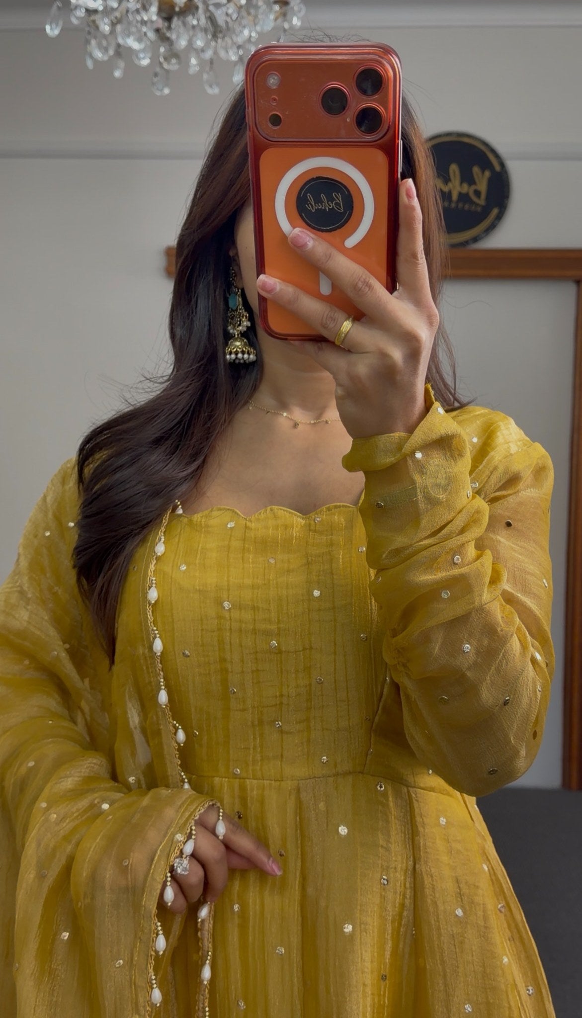 Mustard yellow Anarkali dress with silver sequin embellishment and matching pearl-trimmed dupatta by Behuli Australia — view 3