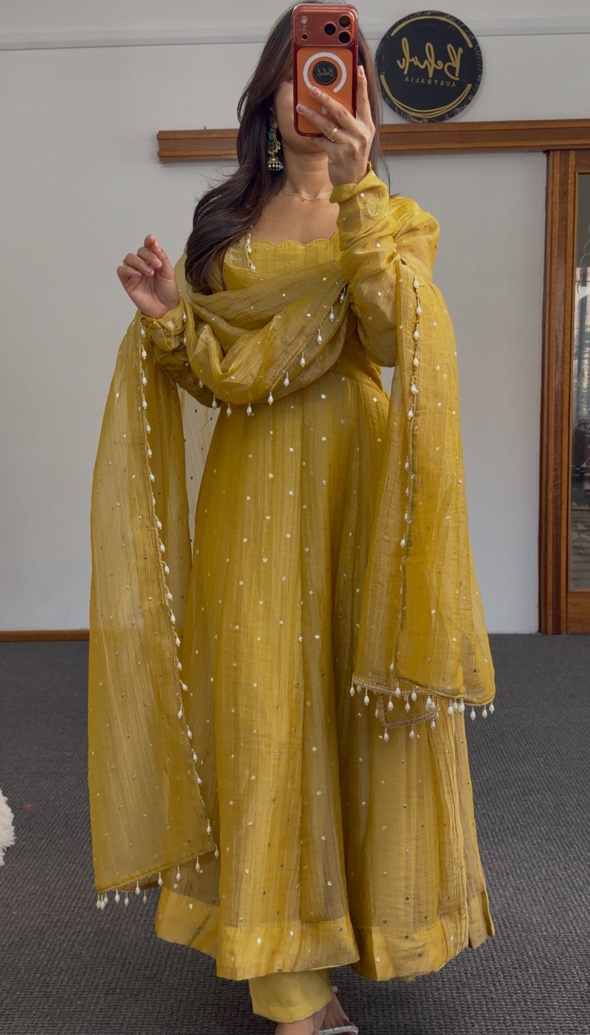 Mustard yellow Anarkali dress with silver sequin embellishment and matching pearl-trimmed dupatta by Behuli Australia — view 4