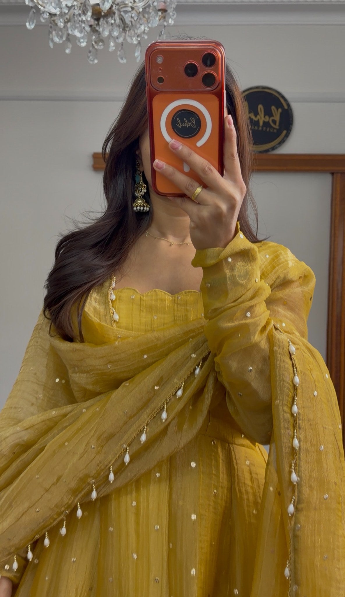 Mustard yellow Anarkali dress with silver sequin embellishment and matching pearl-trimmed dupatta by Behuli Australia — view 5