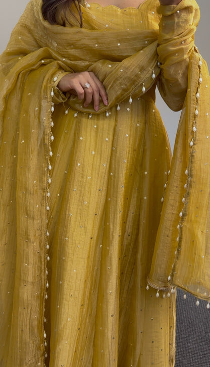 Mustard yellow Anarkali dress with silver sequin embellishment and matching pearl-trimmed dupatta by Behuli Australia — view 6