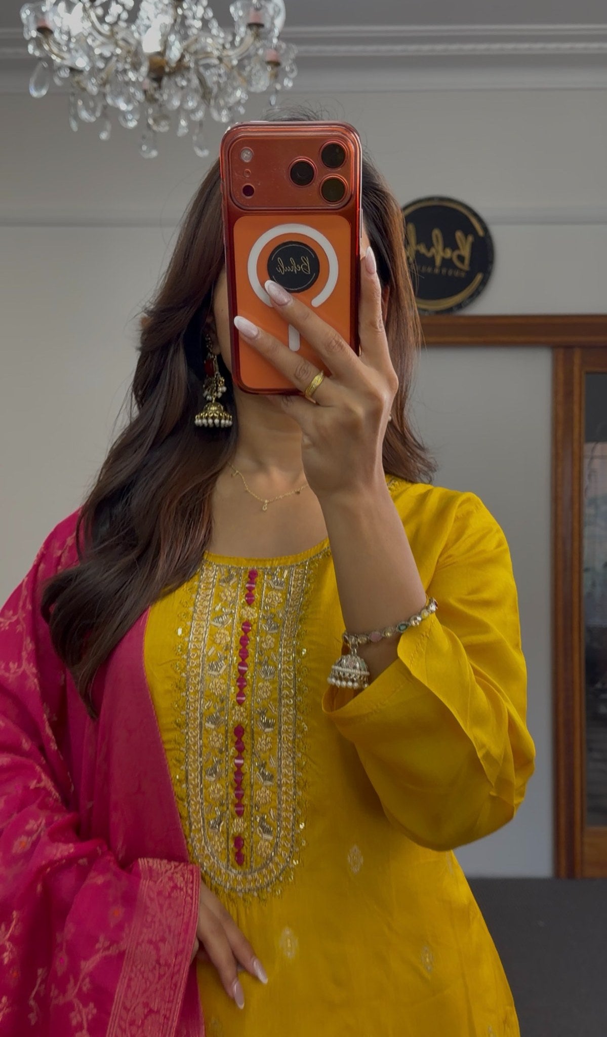 Mustard yellow kurti set with embroidered neckline paired with a fuchsia pink woven floral dupatta — view 5