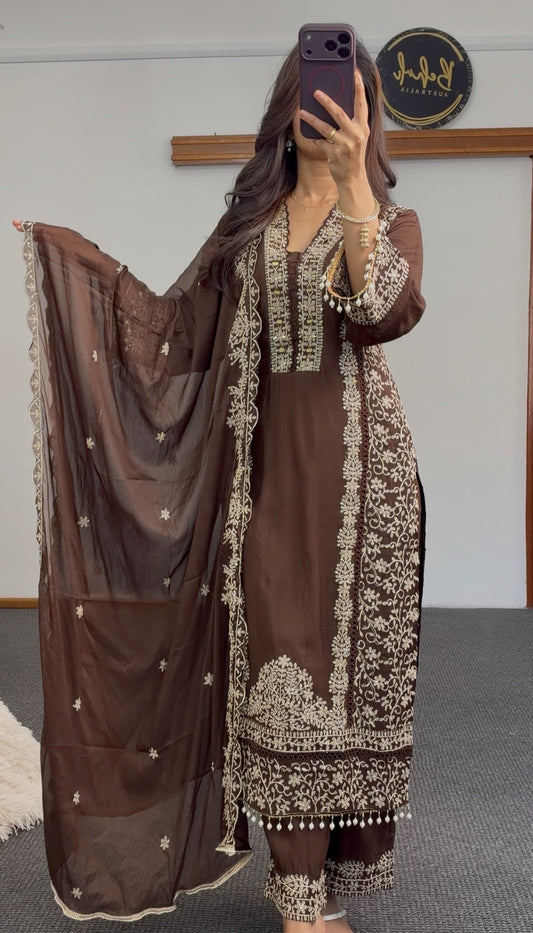 Brown kurti set with ivory floral embroidery, scalloped borders and matching sheer dupatta — Behuli Australia