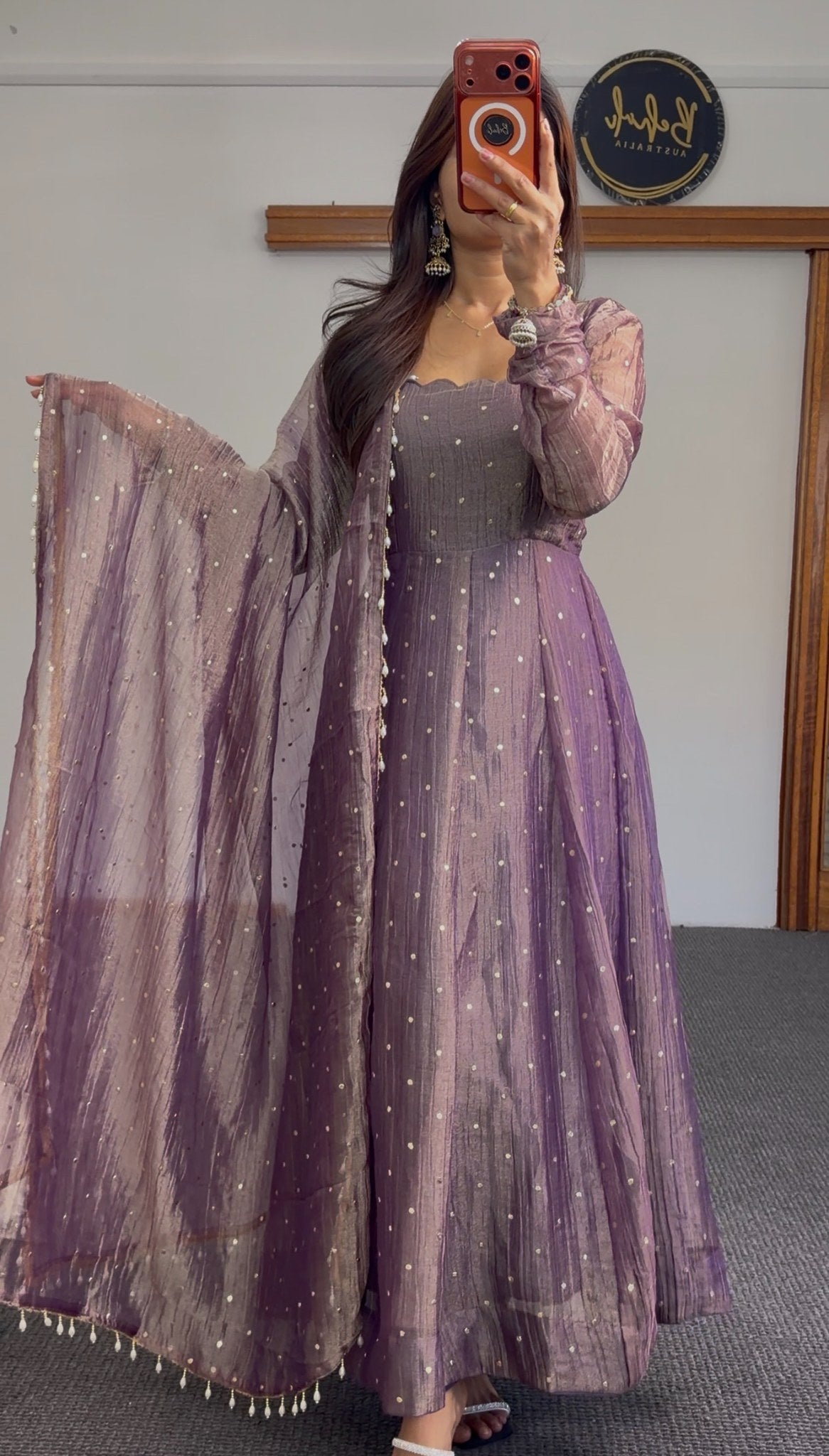 Mauve Anarkali gown with scattered pearl detailing, puffed sleeves, and matching pearl-trimmed dupatta — Behuli Australia