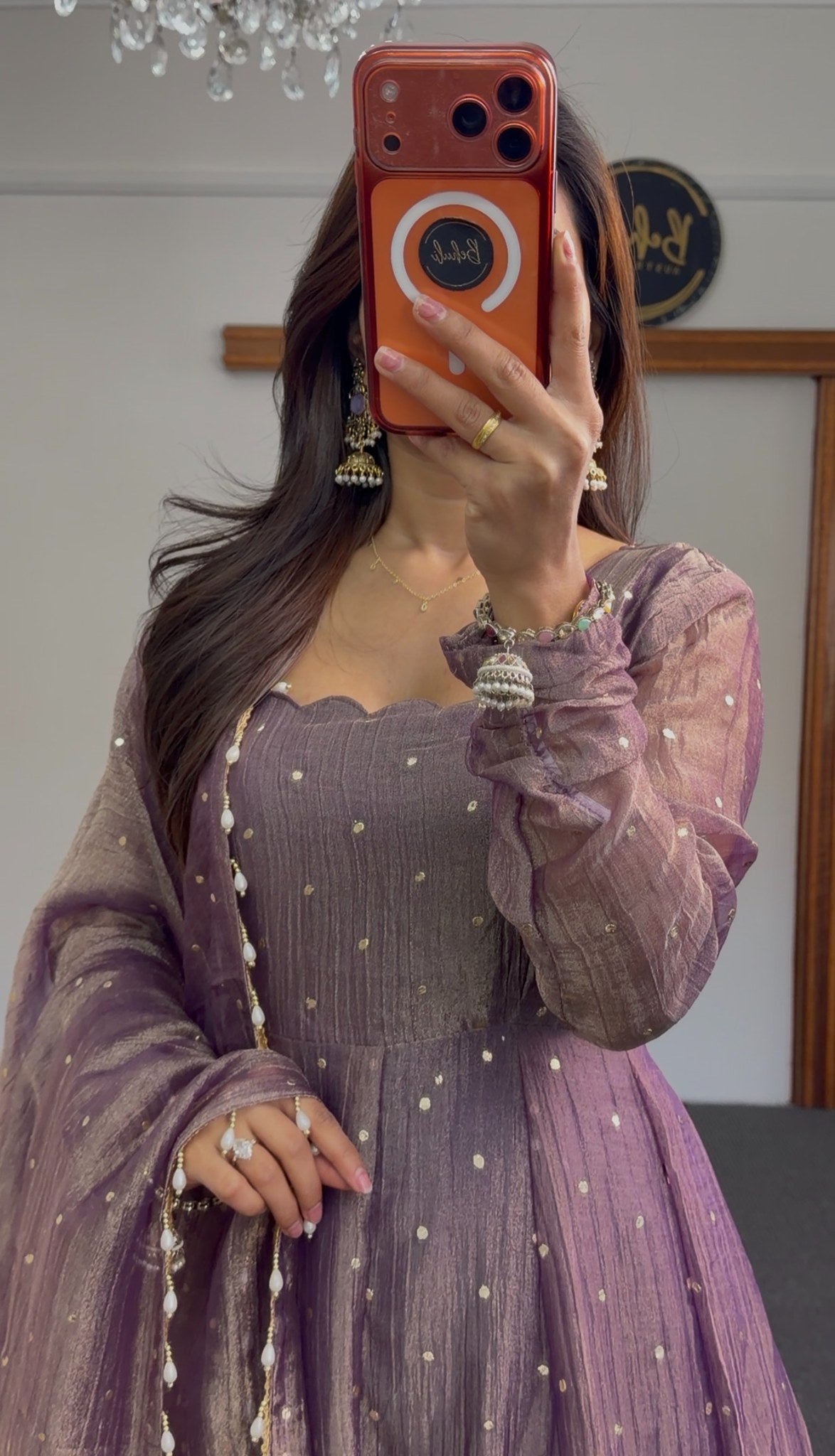 Mauve Anarkali gown with scattered pearl detailing, puffed sleeves, and matching pearl-trimmed dupatta — Behuli Australia — view 2