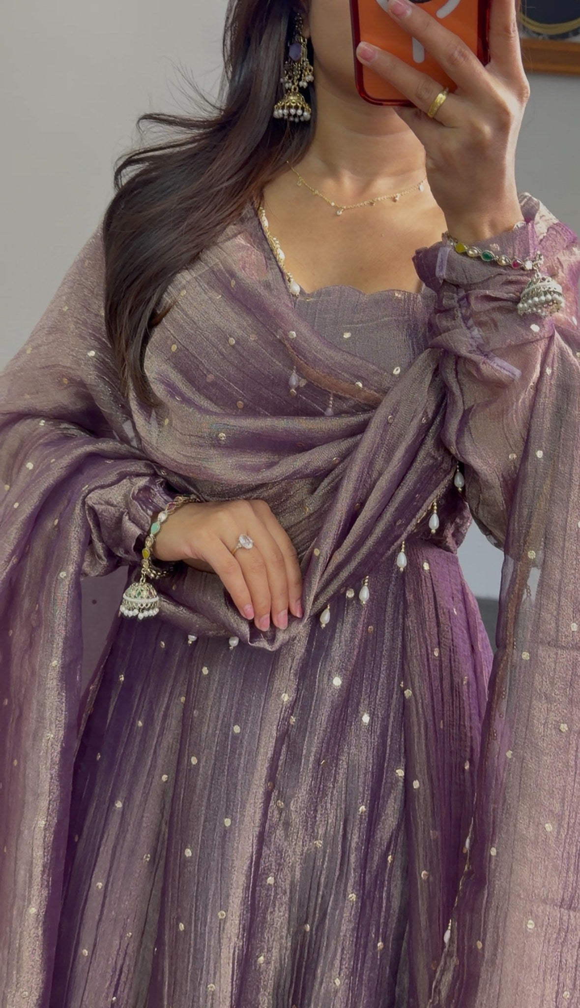Mauve Anarkali gown with scattered pearl detailing, puffed sleeves, and matching pearl-trimmed dupatta — Behuli Australia — view 3
