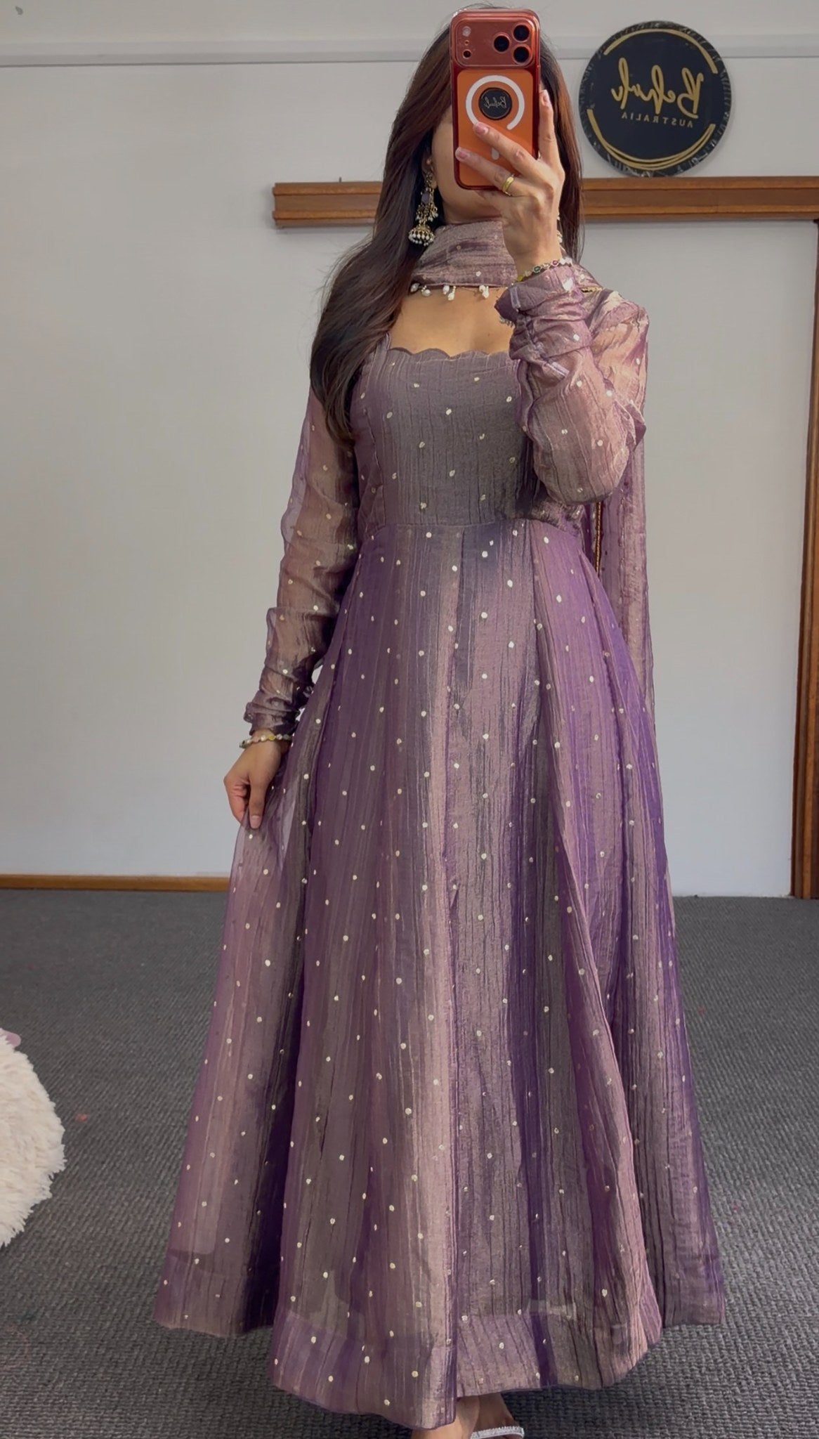 Mauve Anarkali gown with scattered pearl detailing, puffed sleeves, and matching pearl-trimmed dupatta — Behuli Australia — view 4