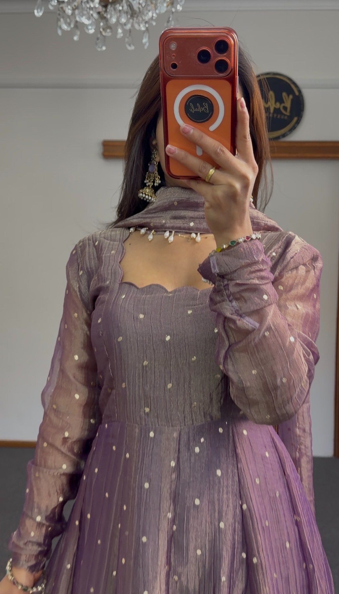 Mauve Anarkali gown with scattered pearl detailing, puffed sleeves, and matching pearl-trimmed dupatta — Behuli Australia — view 5