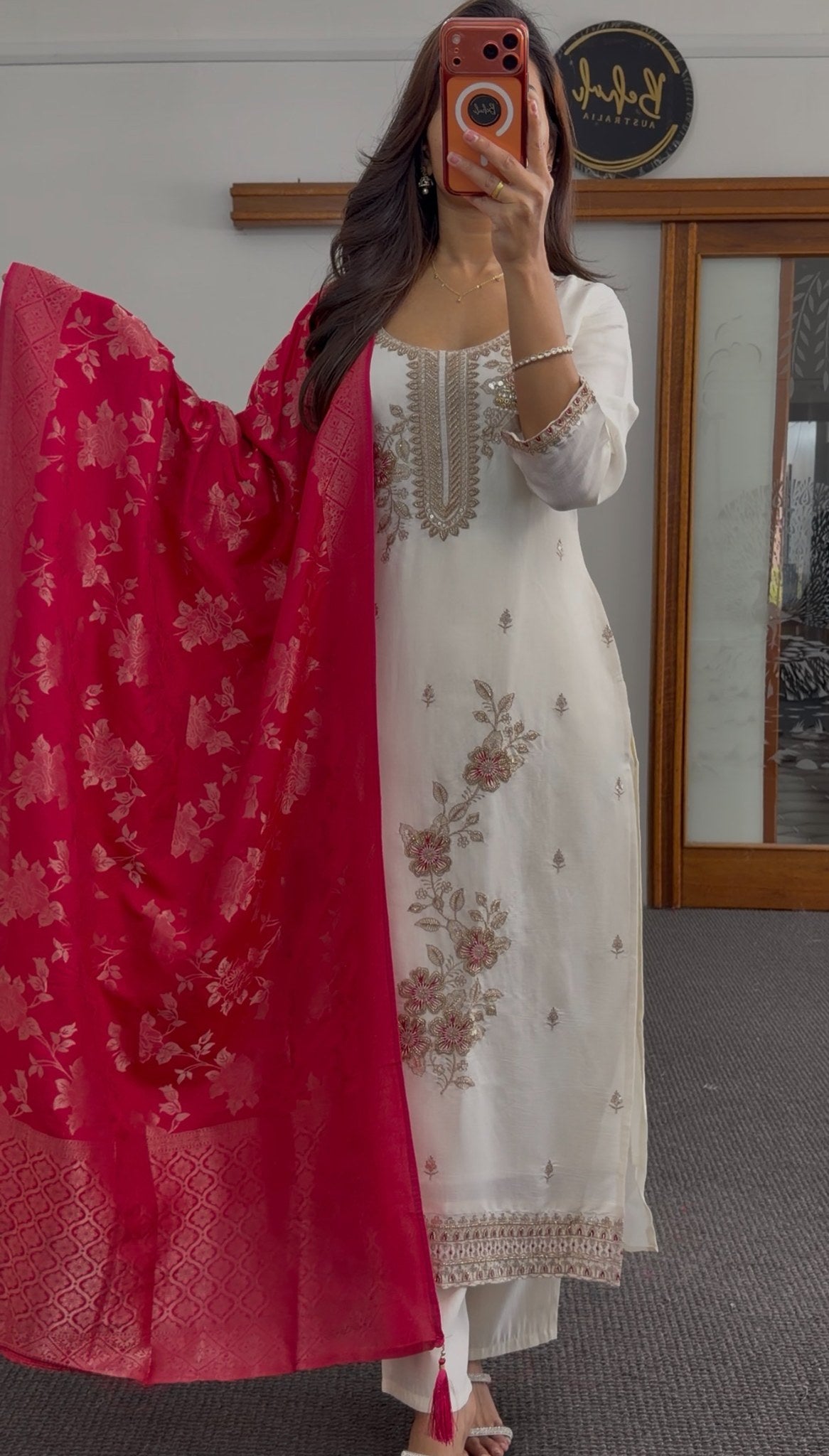 Ivory kurti set with gold zari floral embroidery, stone detailing, and matching red printed dupatta — Behuli Australia