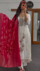 Ivory Kurti Set with Zari Floral Embroidery & Red Dupatta