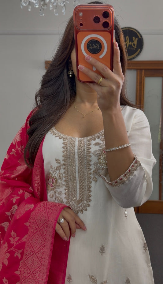 Ivory kurti set with gold zari floral embroidery, stone detailing, and matching red printed dupatta — Behuli Australia — view 2