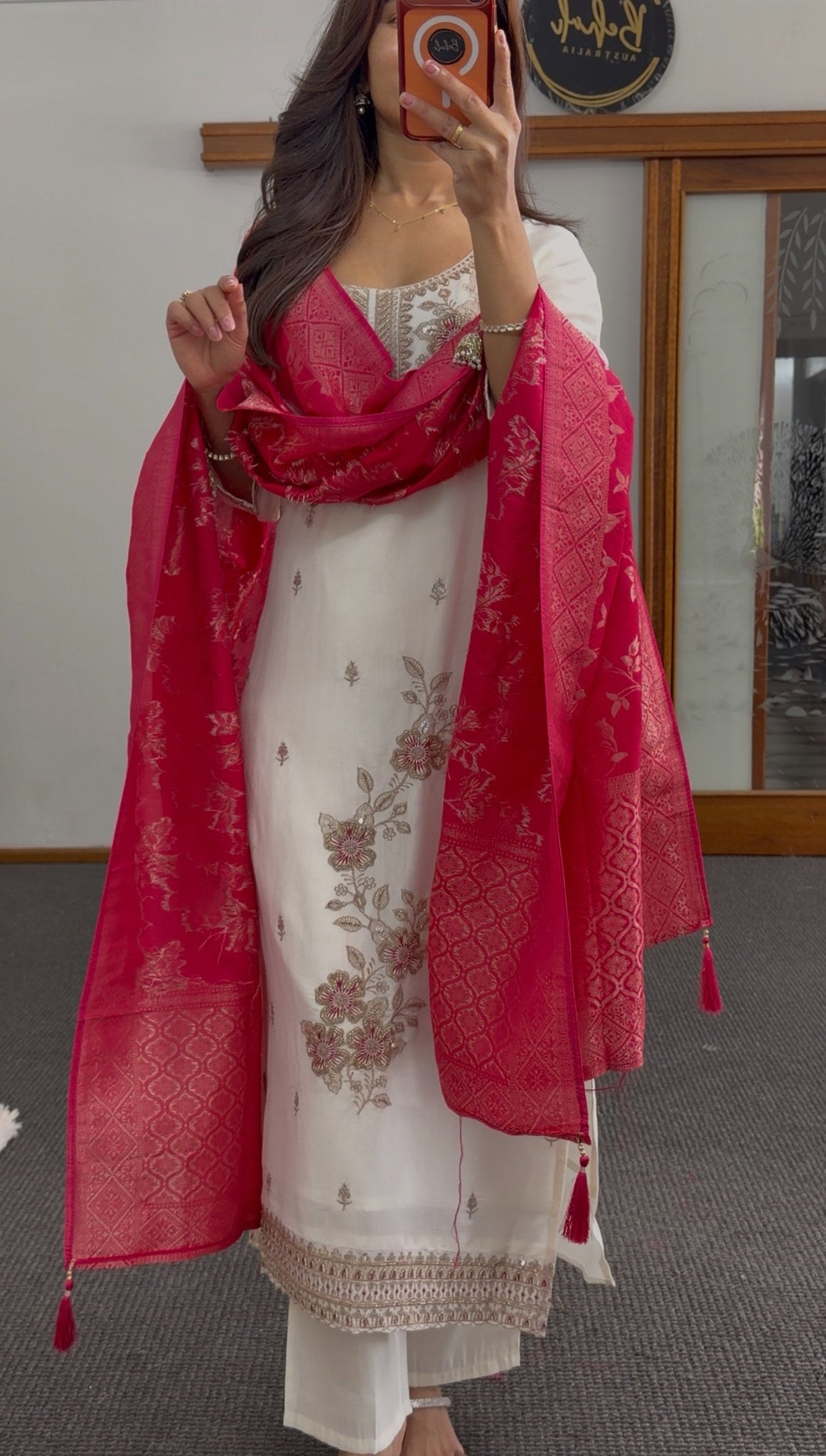 Ivory kurti set with gold zari floral embroidery, stone detailing, and matching red printed dupatta — Behuli Australia — view 3