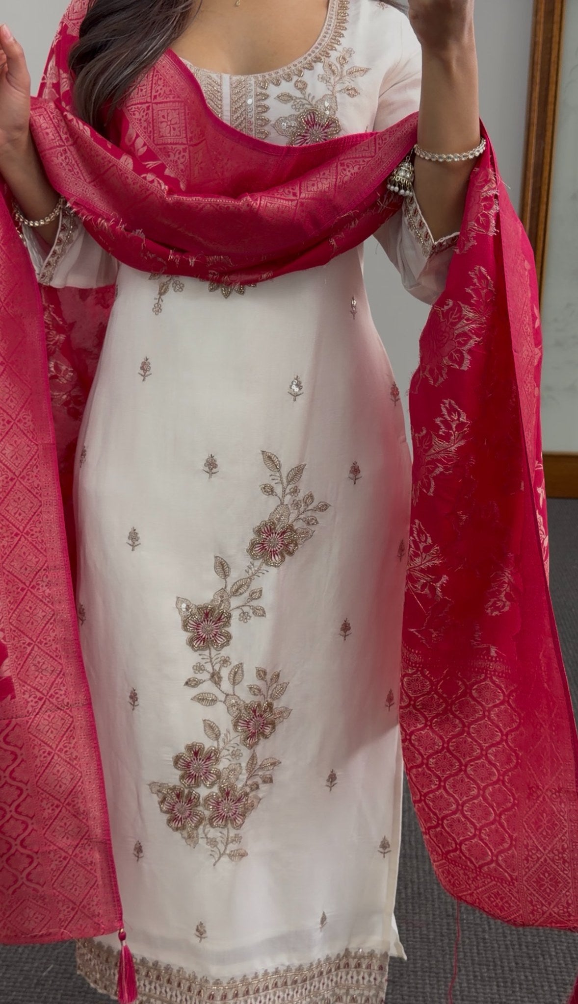 Ivory kurti set with gold zari floral embroidery, stone detailing, and matching red printed dupatta — Behuli Australia — view 4