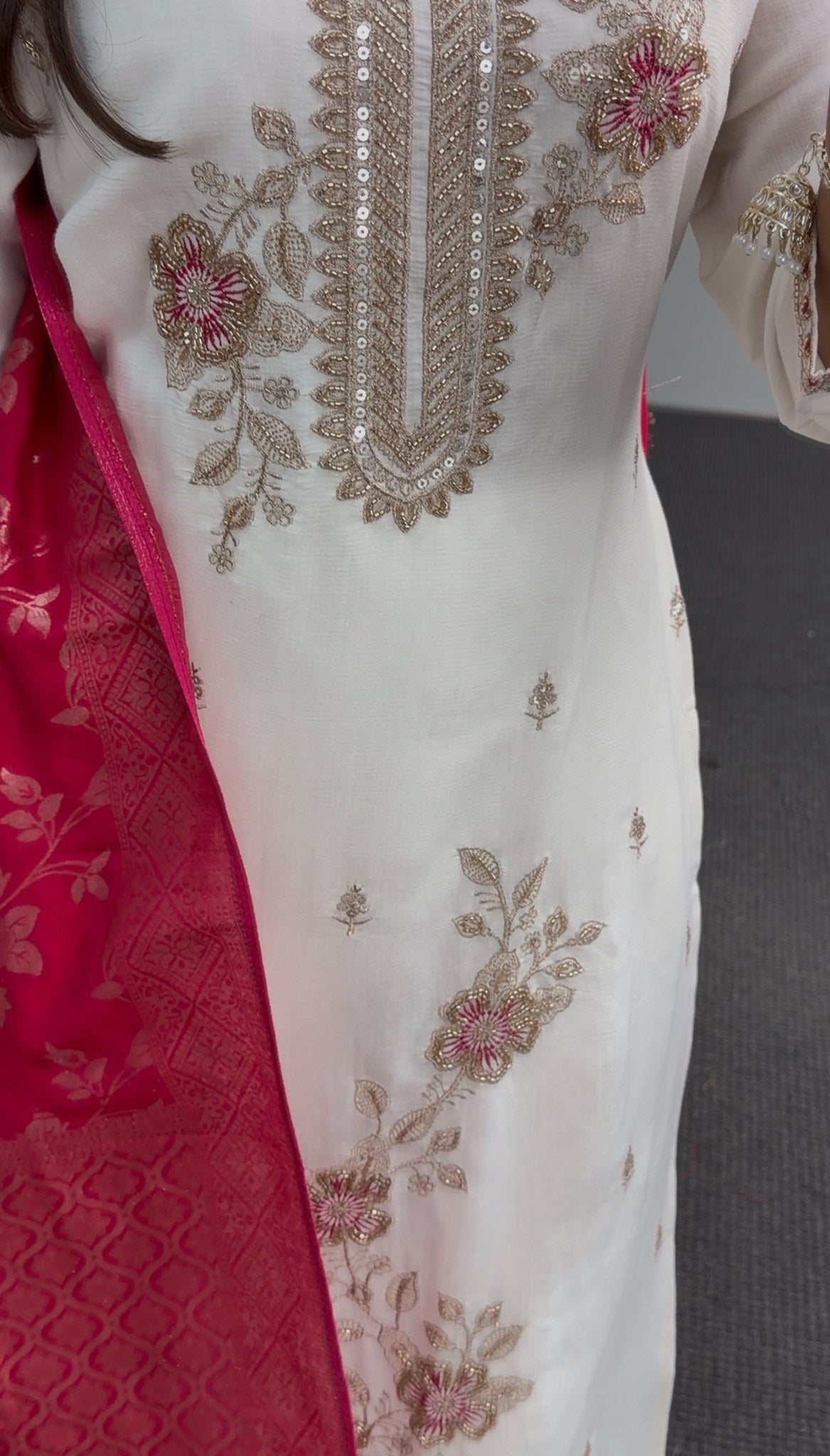 Ivory kurti set with gold zari floral embroidery, stone detailing, and matching red printed dupatta — Behuli Australia — view 5