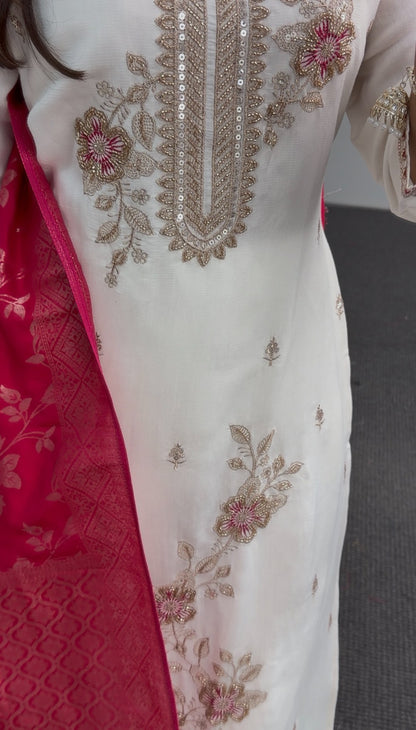 Ivory kurti set with gold zari floral embroidery, stone detailing, and matching red printed dupatta — Behuli Australia — view 5