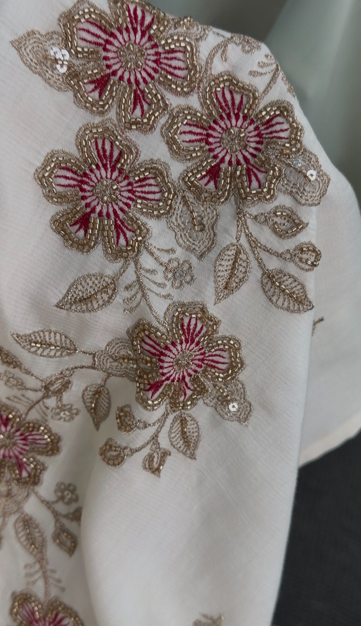 Ivory kurti set with gold zari floral embroidery, stone detailing, and matching red printed dupatta — Behuli Australia — view 6