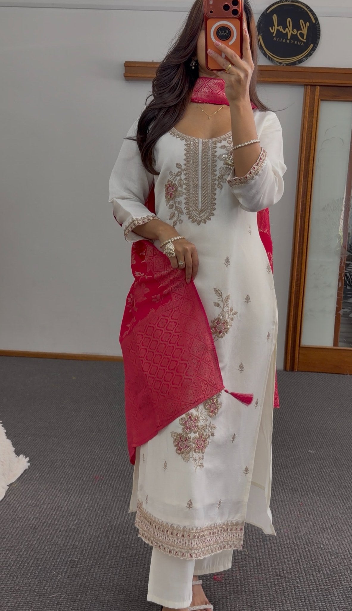 Ivory kurti set with gold zari floral embroidery, stone detailing, and matching red printed dupatta — Behuli Australia — view 7
