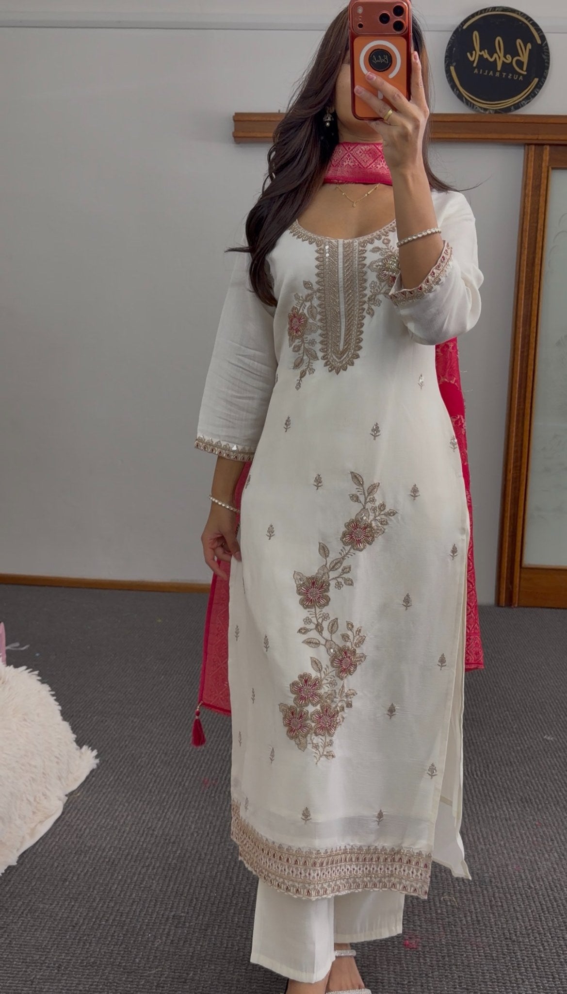 Ivory kurti set with gold zari floral embroidery, stone detailing, and matching red printed dupatta — Behuli Australia — view 8
